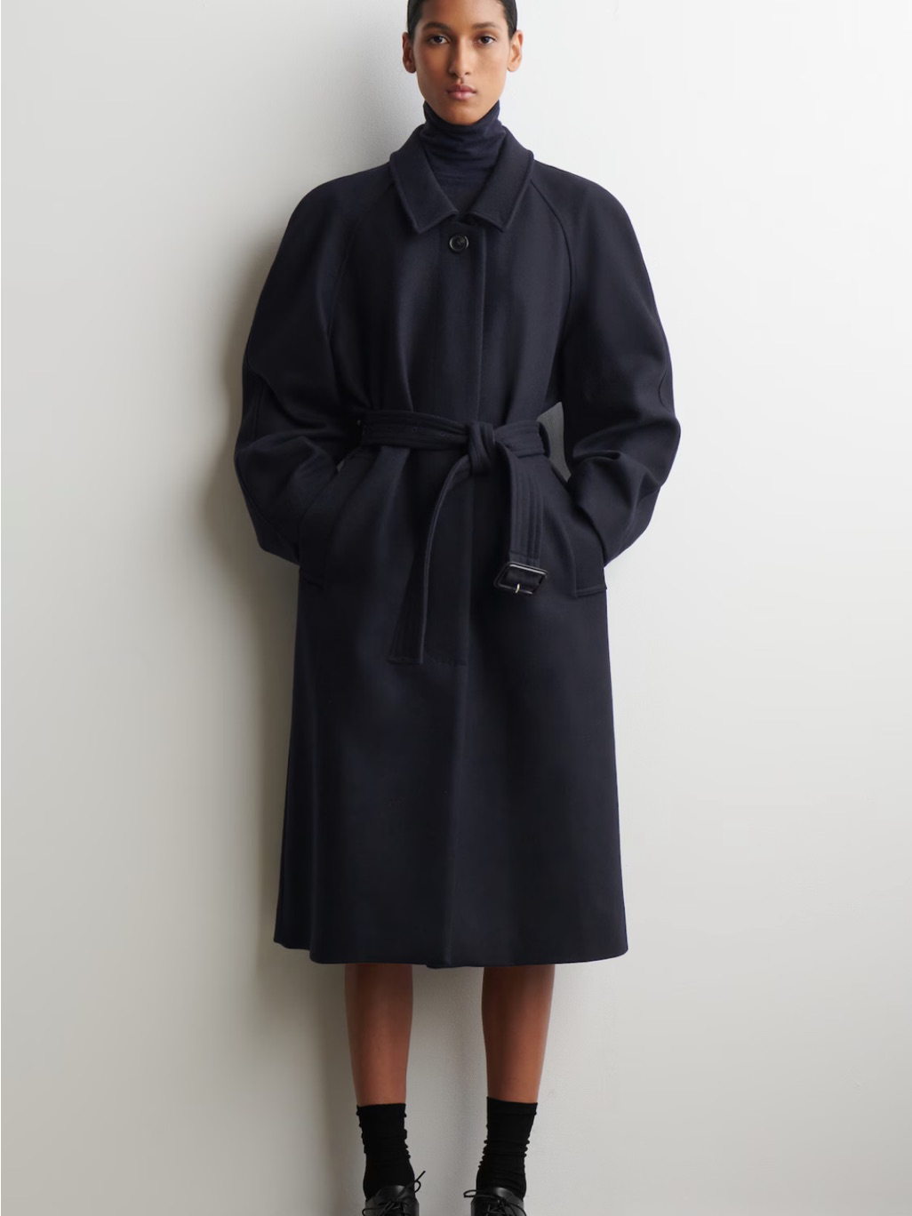 Nwt Cos Manteco Wool-Blend Long Trench Coat - Navy - Size L (Oversized)